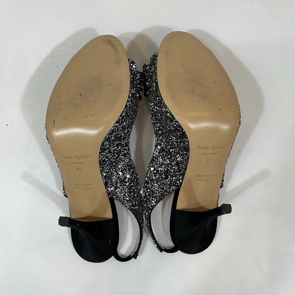 Kate Spade Glitter New York Heels Sandal Size 9.5 Black Silver Bow EUC